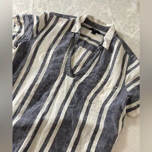 J Crew Womens Blue Stripe Flutter Short Sleeve V Neck Linen Blouse Size Small